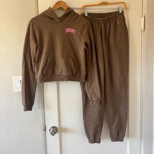 Body by Raven Tracy Sweatsuit Set Brown Pink Medium Sweatpants Hoodie